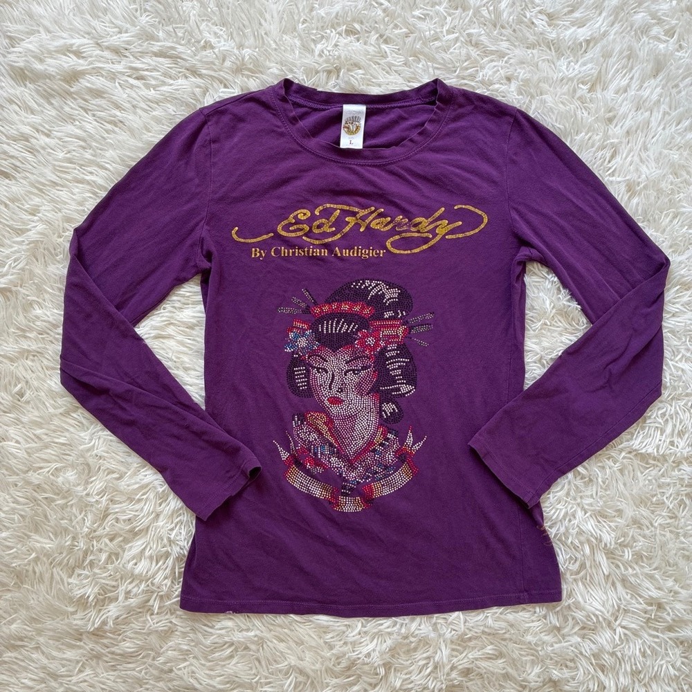 Y2K Glam Ed Hardy Christian Audigier Geisha Rhinestone Long Sleeve Shirt Size L